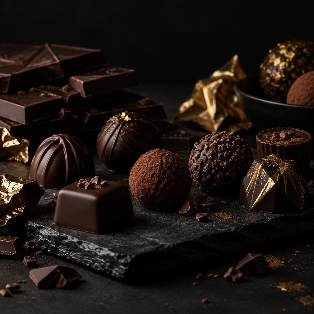 Dark chocolate pralines and truffles arranged on black slate with gold foil accents